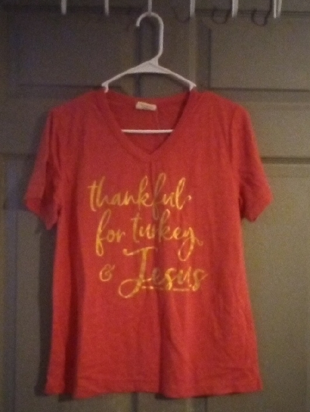 Red V-neck Graphic Tee - "Thankful for Turkey & Jesus"